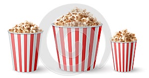 Realistic full large, medium and small popcorn bucket. Red striped pop corn portion cups sizes. Movie snack food