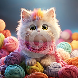 Realistic funny cat in knitted wool scarf sitting among knitting and colorful yarn balls. Cute kitten character. Mascot