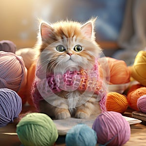 Realistic funny cat in knitted wool scarf sitting among knitting and colorful yarn balls. Cute kitten character. Mascot