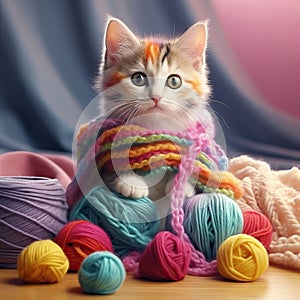 Realistic funny cat in knitted wool scarf sitting among knitting and colorful yarn balls. Cute kitten character. Mascot