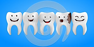 Realistic funny teeth with facial expressions. Smiling white teeth in a row including one scared tooth with caries. 3D vector