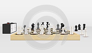 Realistic game of chess challenge on wooden board with timer watch vector illustration