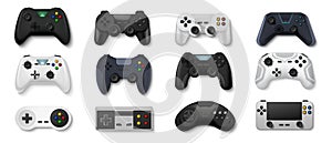 Realistic gamepads. Play console and PC games and stay at home concept, 3D video game controllers. Vector set of gaming