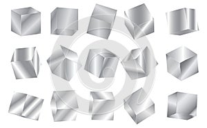 Realistic geometric 3D square shape, silver metallic cubes. Metal cube on white background. Empty silver square. Silver