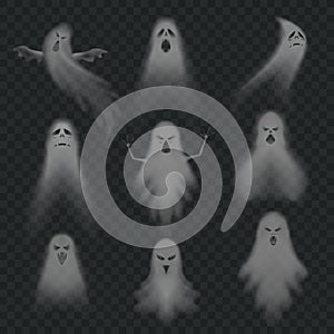 Realistic ghost. Scary halloween apparition face, ghostly phantom fly figure or night eerie dead ghoul ghosts vector set photo