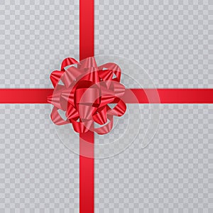 Realistic gift ribbon, red bow of on transparent background. Gift Element For Card Design. Holiday Background. Vector