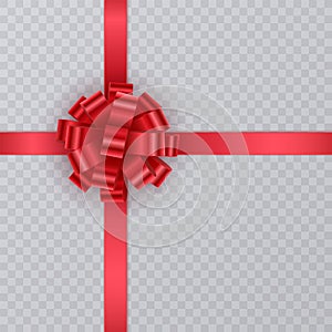 Realistic gift ribbon, red bow of on transparent background. Gift Element For Card Design. Holiday Background. Vector