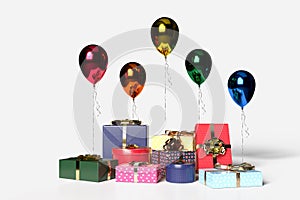 Realistic gifts boxes and balloon. Holiday banner, flyer and brochure, mock up holiday decorative festive object. Celebrate