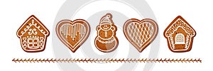 Realistic gingerbread house, heart and snowman. Delicious Christmas pastries. Isolated vector