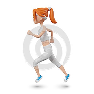 Realistic girl jogging, side view. Female character in sportswear is running