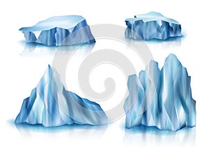Realistic glaciers. Big iceberg ice rocks cold outdoor weather symbols of north pole arctic snow textures decent vector