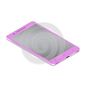 Realistic glamor pink smartphone cellular in isometry on a white background.