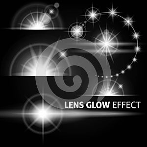 Realistic glares and rays of light bright flash white on a dark background. Set the template for web design. Vector illustration