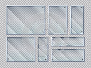 Realistic glass banners with screws. Glass banners shapes with glare reflections. Vector isolated plates set