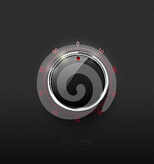Realistic glass black combination safe lock volume element with chrome metal ring on textured plastic dark background. Red glossy