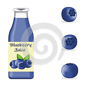 Realistic glass bottle packaging for fresh blueberry