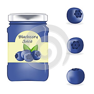 Realistic glass bottle packaging for fresh blueberry