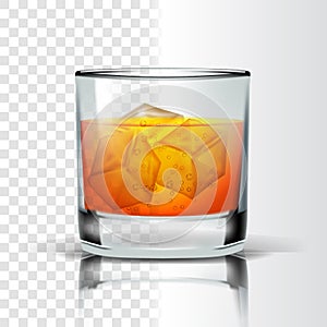 Realistic Glass With Bourbon And Ice Cubes Vector