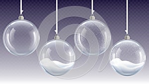 Realistic glass christmas balls hanging on ribbons. Winter crystal xmas bubble. Home decoration 3d elements with snow