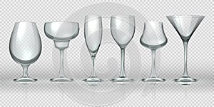 Realistic glass cups. Empty transparent champagne cocktail wine glasses and goblets. Vector realistic 3D glassware