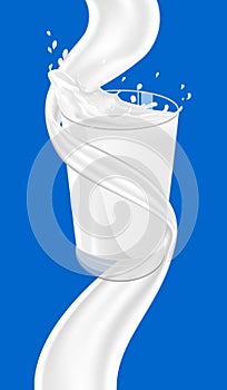 Realistic glass of delicious milk with splash and spatter. Milk or cream swirl pouring down isolated on a blue background.