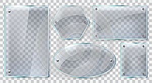 Realistic glass frames. Reflective glass plate, clear glass or plastic 3d banners, reflecting glass mockups isolated