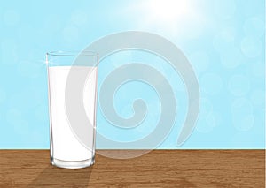Realistic glass of fresh milk on wooden table on blurred blue bokeh background, vector illustration 3d