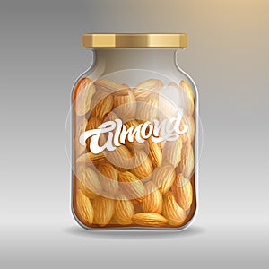 Realistic glass jar with almonds close-up on an isolated background with a typewriter Almond. Realistic illustration for pa