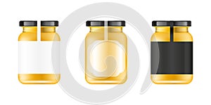 Realistic glass jar. Food bank. Sause packaging design. Mock up glass jar with design label or badges. Vector