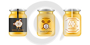 Realistic glass jar with honey. Food bank. Honey packaging design. Honey logo. Mock up glass jar with design label or