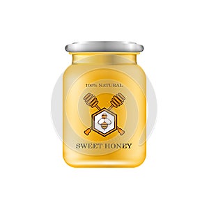 Realistic glass jar with honey. Food bank. Honey packaging design. Honey logo. Mock up glass jar with design label or