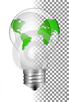 Realistic glass light bulb with a globe inside. Concept of green energy on the planet earth. Earth day, earth hour