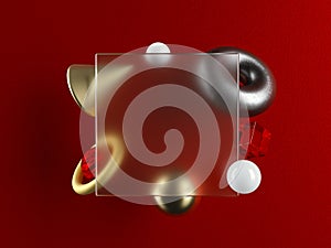 Realistic `Glass morphism` 3D illustration. Translucent card on a red background. Frosted transparent glass.