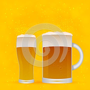 Realistic glass and mug of beer on bright yellow orange background. Light lager beer froth and bubbles. Oktoberfest theme. Pub or