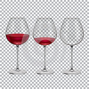Realistic Glass with Red Wine Set. Vector