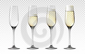 Realistic glass of sparkling wine. Transparent mockup of empty or half full wineglass with bubbled wine. Wedding and