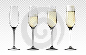 Realistic glass of sparkling wine. Transparent mockup of empty or half full wineglass with bubbled wine. Wedding and Valentine day