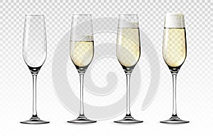 Realistic glass of sparkling wine. Transparent mockup of high wineglass with bubbled white grape drink. Wedding and