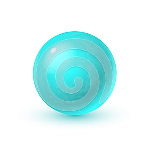 Realistic glass sphere with shadows, reflection of sky in mirror surface of cyan mint color pearl