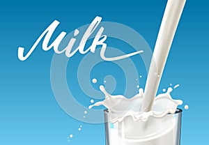 Realistic glass to pour milk splash, on a blue background. Handmade lettering