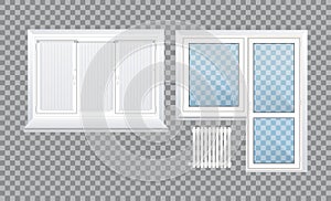 Realistic glass transparent plastic windows with window sills and sashes.