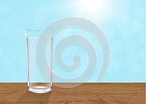 Realistic glass of water on wooden table on blurred blue bokeh background, vector illustration