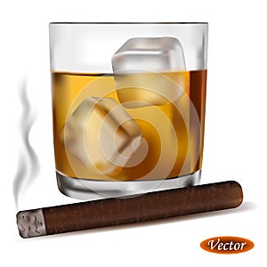 Realistic glass of whiskey and cigar