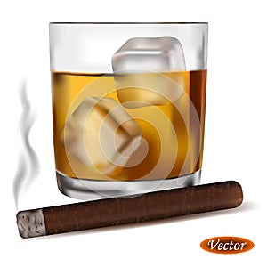 Realistic glass of whiskey and cigar photo