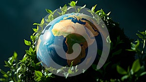 A realistic globe nestled among lush green foliage, emphasizing the connection between Earth and nature