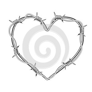 Realistic glossy barbed wire in heart shape on white