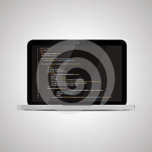 Realistic glossy laptop with simple website HTML code on dark