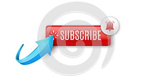 Realistic glossy subscribe button with blue arrow.