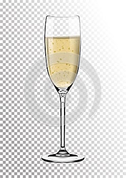 Realistic Glossy Transparent Glass full of Champagne. Bright saturated sparkling straw colored amber. Vector