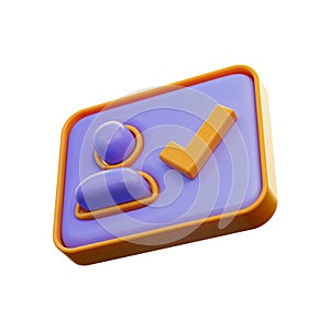 Realistic glossy user id check mark icon 3d render concept for approved account profile